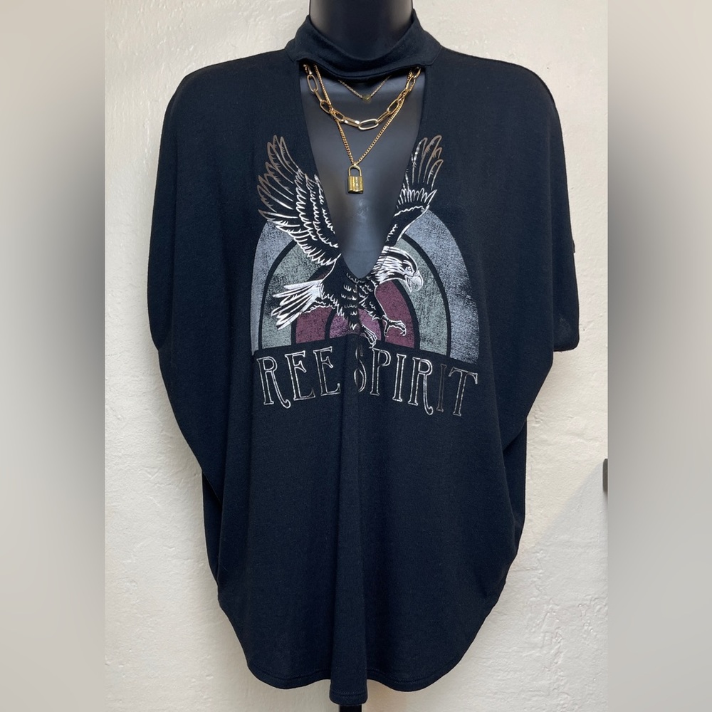 EXPRESS✨ Free Spirit✨Foil Eagle Graphic✨Black✨Deep V Halter Neck Tee‎